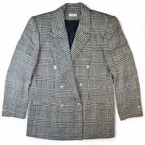 Doncaster Silks Blazer Size 16 Black Cream Houndstooth Plaid Woven Silk Vintage